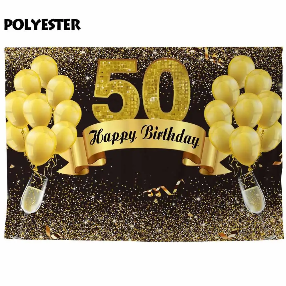Allenjoy photography 50th birthday backdrops golden balloon Ribbon Champagne luxury party photo background photocall photophone |