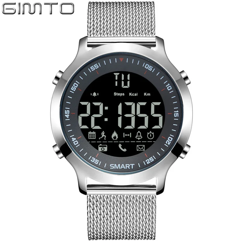 White steel strap GIMTO Цифровые Смарт-часы для мужчин спортивные военные часы с шагомером и Bluetooth мужской секундомер водонепроницаемый силиконовый ремешок светодиодный наручные часы - Цвет: White steel strap