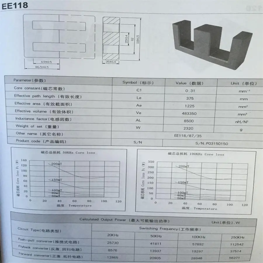 Оптовая продажа EE118 силовой трансформатор ферритовый сердечник EE118/87/35 Al 8500nH/N2
