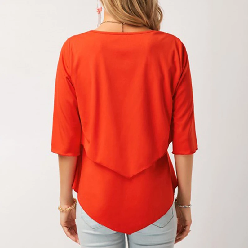 Женская Повседневная Однотонная футболка с О образным вырезом асимметричная