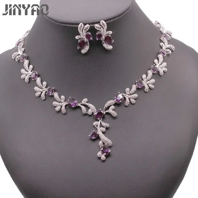 purple JINYAO роскошный разноцветный циркон ААА Золото Цвет Ожерелье Комплект сережек для женщин Свадебные аксессуары ювелирные изделия 14 цветов s - Окраска металла: purple