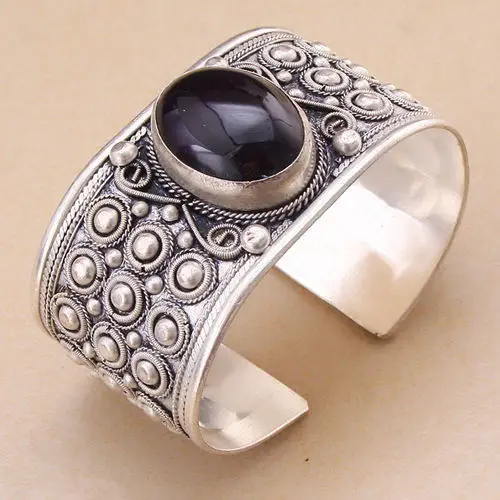 Отлично Шарм Черный Агат Бисера Браслет Манжета Тибет Серебряные ^^@^ Тибетский