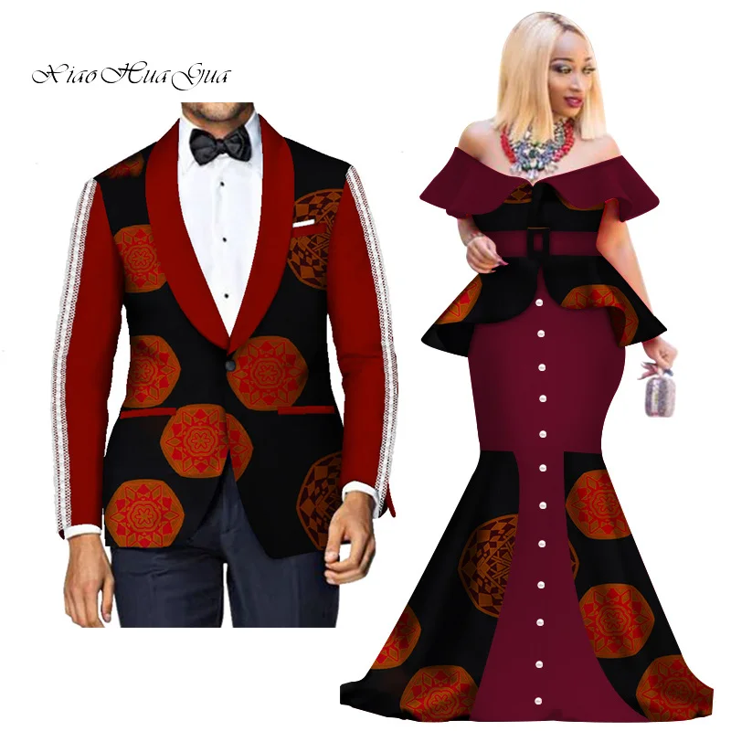 Fashion Custom African Couple Wedding Clothing Dashiki Women Skirt& Men Blazer for Lovers African Traditional Clothing WYQ276