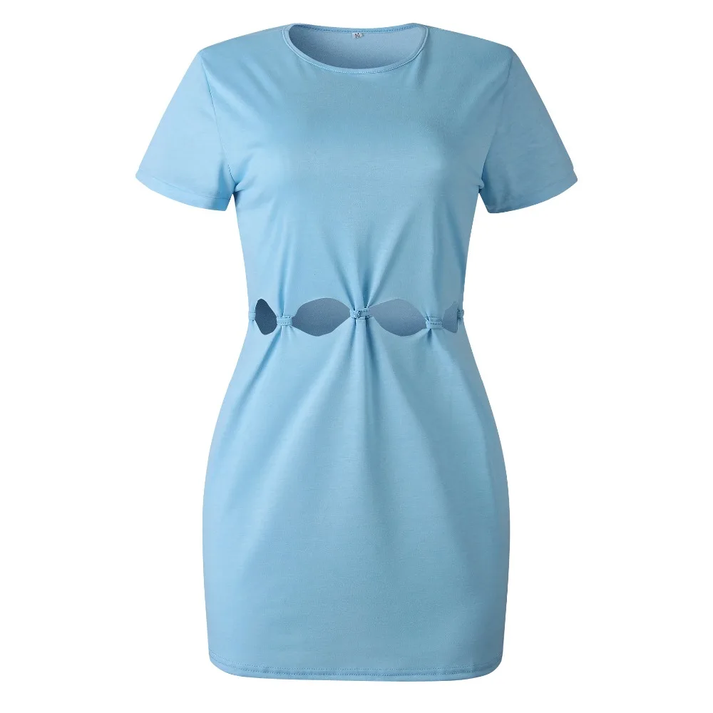 

Sexy Waist Hollow Out Short Sleeve Dress 2020 Summer Women Solid Casual Slim O Neck Mini Dress Package Hip Bodycon Robe Vestidos