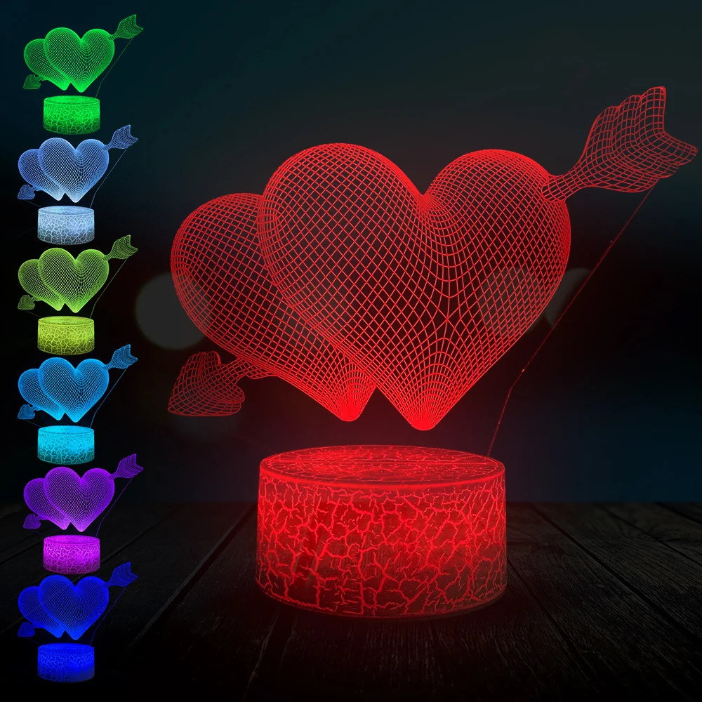 

3D лампа в форме сердца с Купидоном и стрелкой, светодиодный RGB-светильник для стола с USB, ночник для настроения и выцветания, разноцветный све...