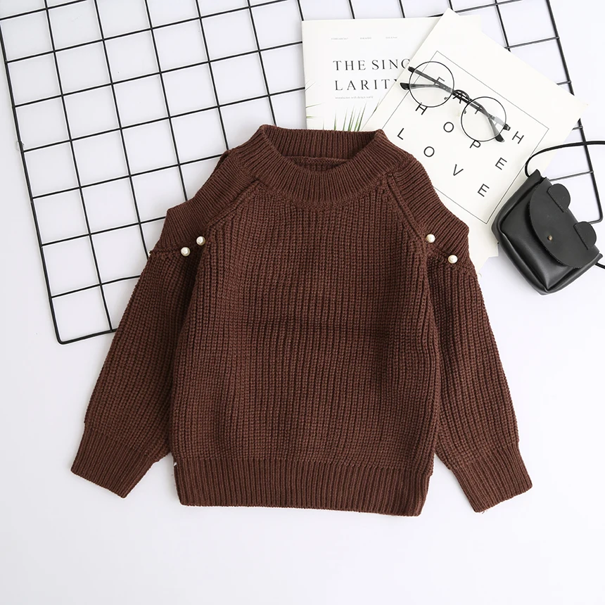 Для девочек Зимний вязаный свитер для маленьких с открытыми плечами пуловер