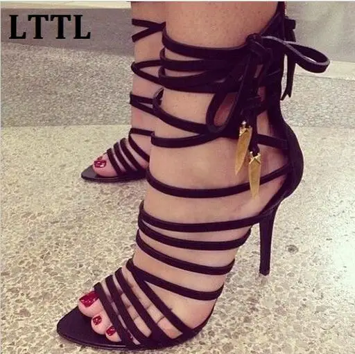

Black Caged Strappy Gladiator Sandals Cut-Outs Lace up High Heels Sandalias Mujer Celebirty Style Ankle Strap Women Pumps