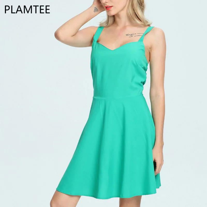 PLAMTEE Спагетти Ремень 2017 Новый Apperal Женщины Платья Bodycon Рукавов Повязку Зеленое