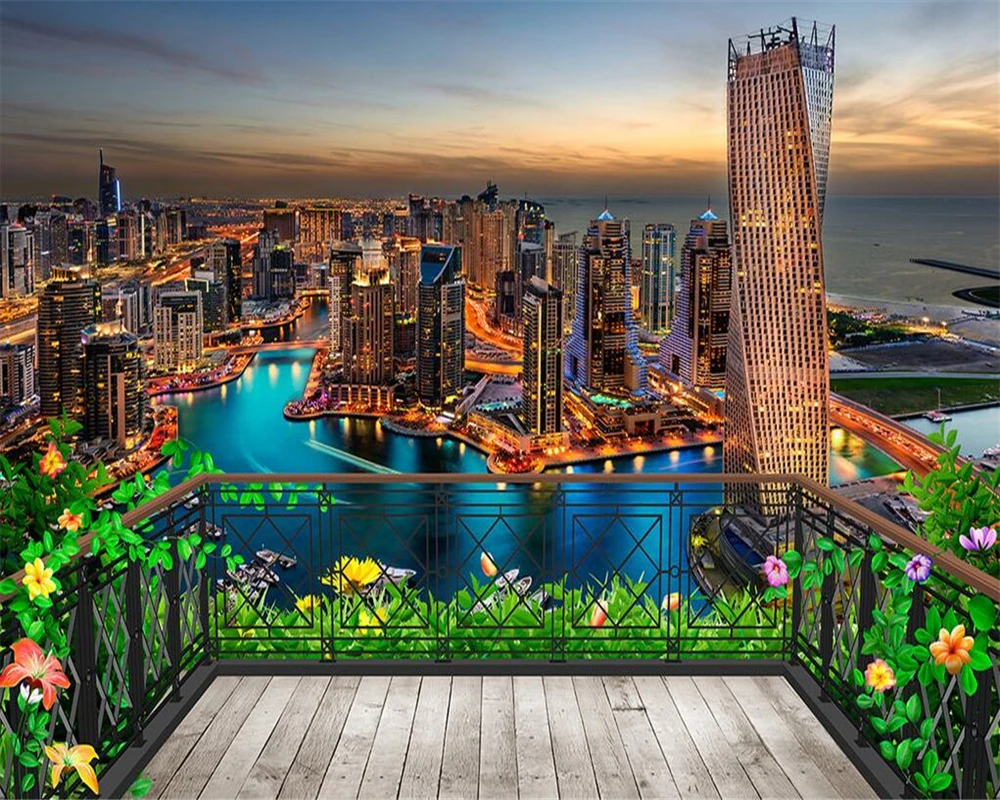 Фотообои 3D для балкона города ночного фона Настенные обои настенные бумаги