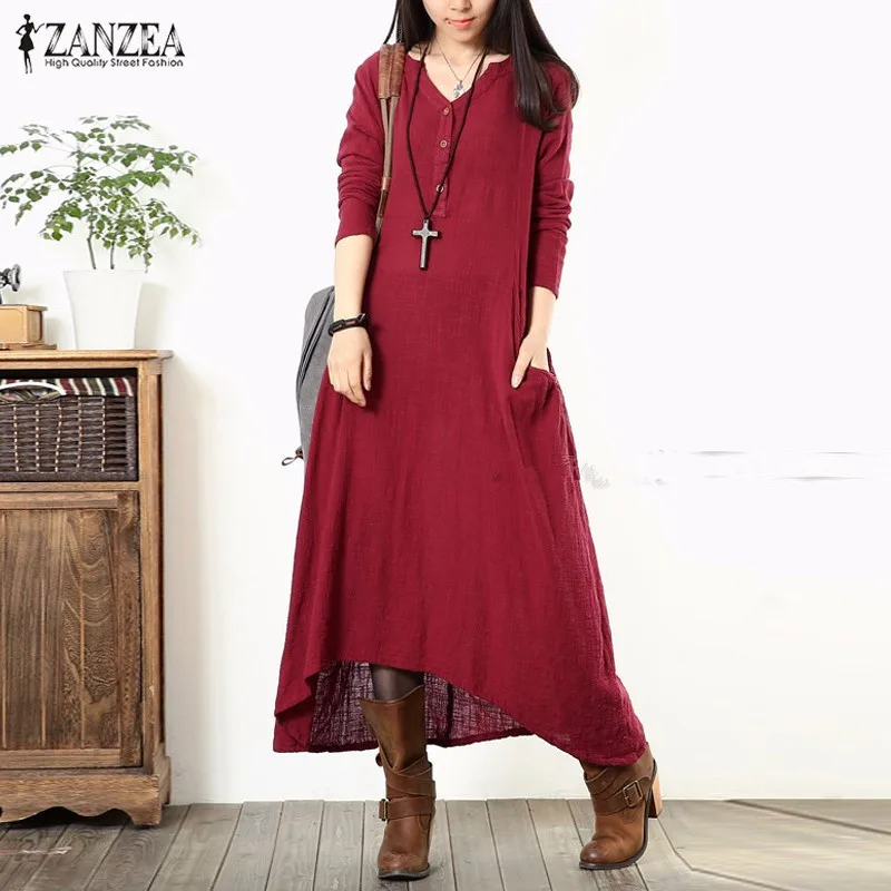 Женское винтажное платье макси ZANZEA повседневное свободное средней длины с