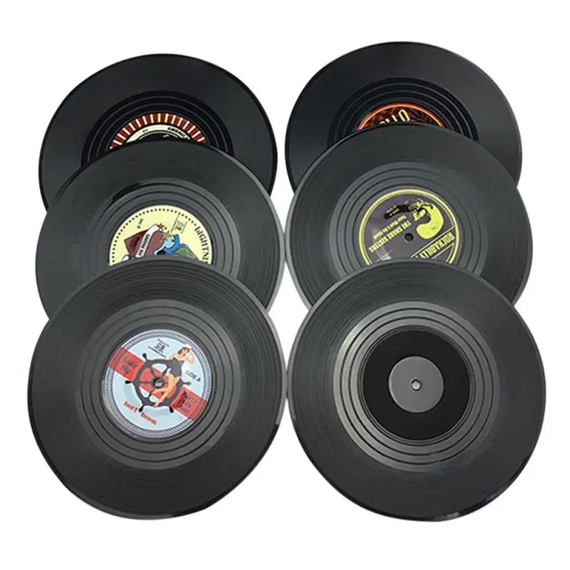 Черный 6pcs Environmental Plastic Vinyl Record Table Placemats Simple Creative Mug Coaster Heat-resistant Cup Coasters Dining Table Mat - Цвет: Черный