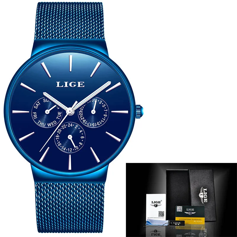 All blue Часы женские супер тонкие из нержавеющей стали LIGE Топ бренд Роскошные повседневные кварцевые часы женские наручные часы Relogio Feminino - Цвет: All blue