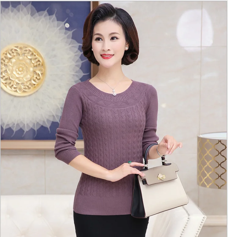 2018 Autumn New Middle-Aged Women Solid Color Pullover Sweater O- Neck Long Sleeve Slim Elasticity Mother Kniting Top T241 | Женская
