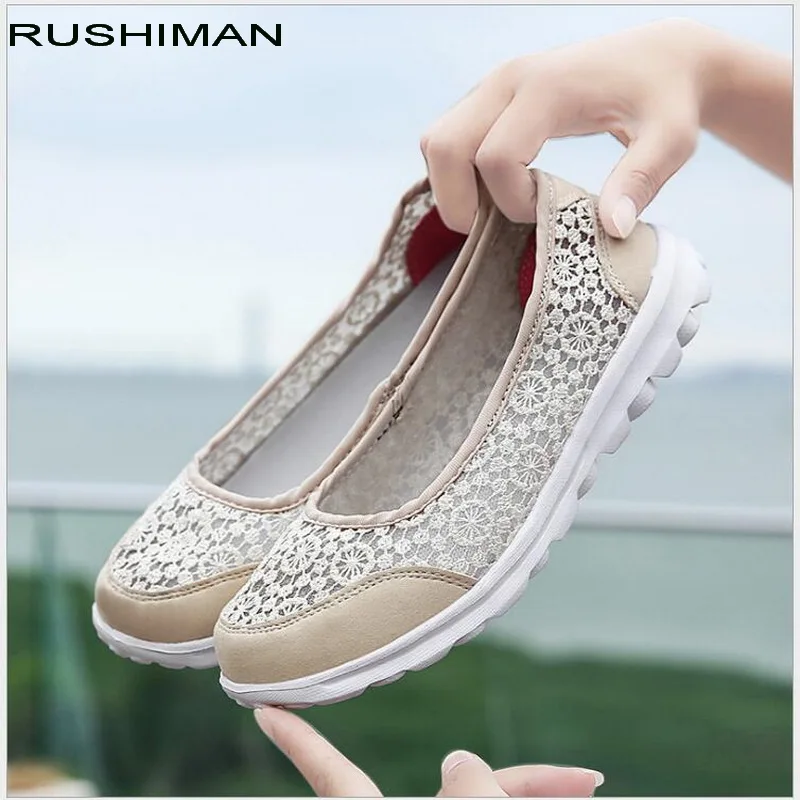 RUSHIMAN 2021 Spring Summer Women Flats Shoes lightweight Comfortable Leisure Lace Mesh Shoes Female Slip On Loafers