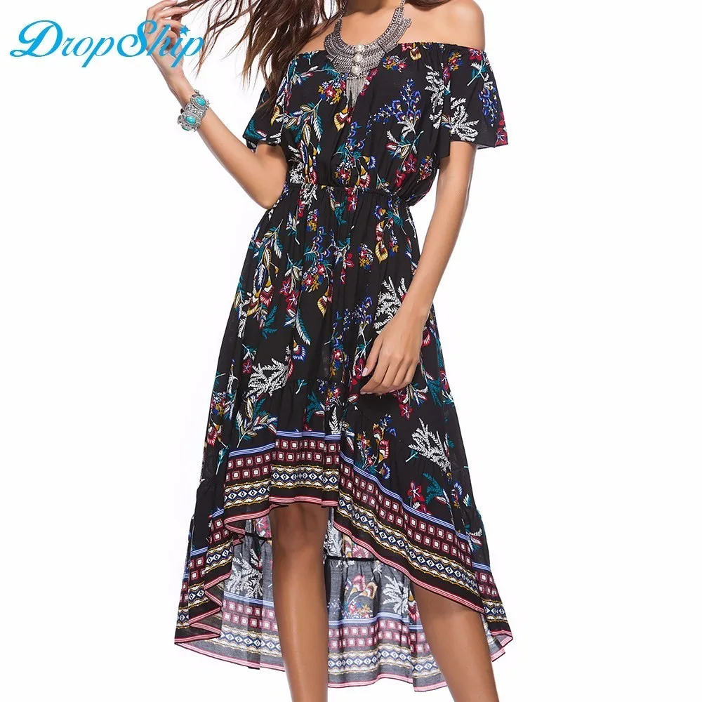 Женские летние длинные Пляжные наряды Boho дамы Новый стиль Мода Многоцветный Slash