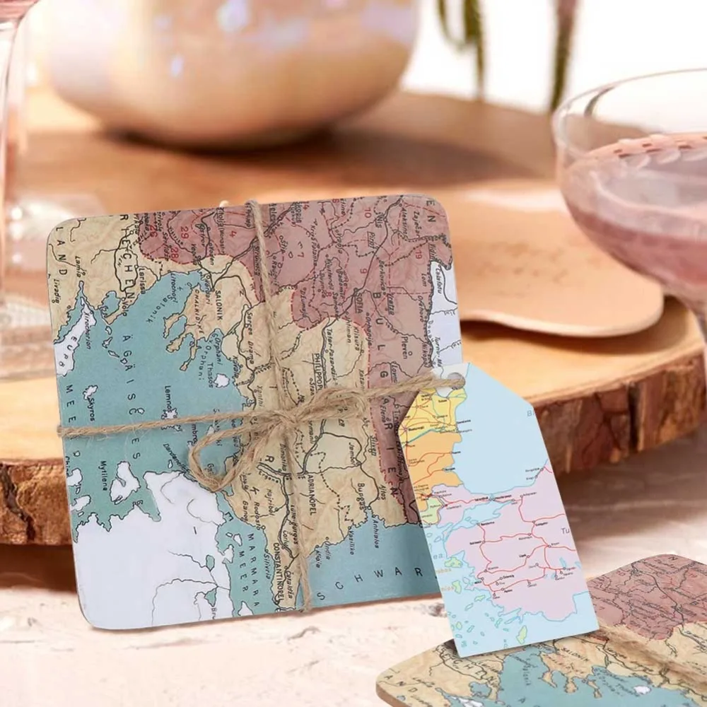 OurWarm 5Pcs Nautical Wedding Gifts for Guest World Maps Compass Absorbent Cork Coasters with Tag Travel Theme Souvenirs | Дом и сад