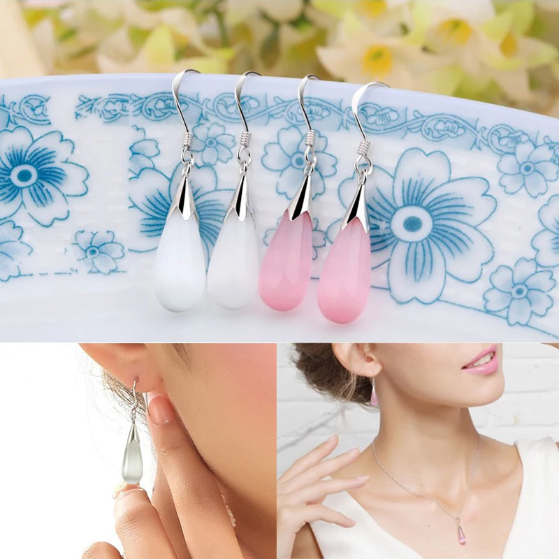 Женские серьги в виде капель 2 цвета розовые белые натуральные с опалом длинные
