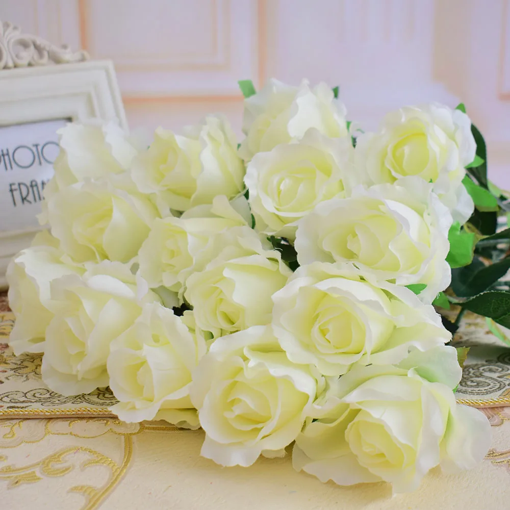 A white 17 шт. искусственные цветы, шелковые розы для дома, вечерние, свадебные, новогодние украшения подарки, синий, розовый, белый, фиолетовый, красный - Цвет: A white