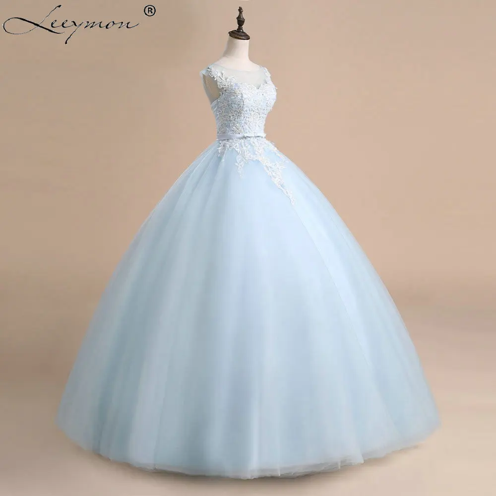 2017 New Arrival Ball Gown Quinceanera Dresses Lace Appliques Pearls for 15 years Girls Prom Dress Light Blue Party | Свадьбы и