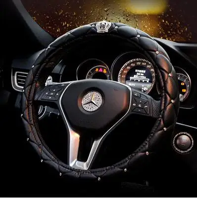 Steering Wheel Cover Противоскользящий автомобильный чехол из искусственной кожи для рычага переключения передач защитная крышка ремня Крышка ручного тормоза украшение с прозрачными стразами алмазная корона чехол для ключей - Название цвета: Steering Wheel Cover