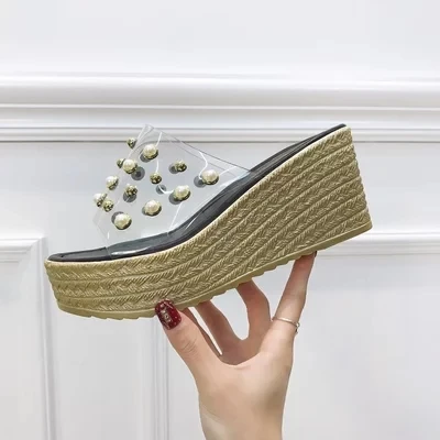 

Women Transparent Clear Crystal Sequins Platform Wedge thick sole sandals high heels Mules Slides Summer beach shoes.