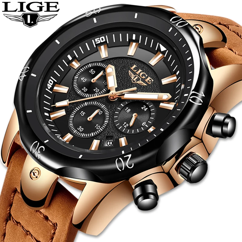 Мужские кварцевые наручные часы LIGE с большим циферблатом золотые черные кожаные