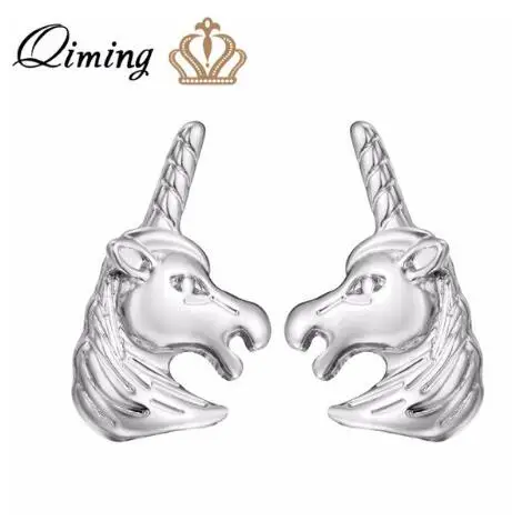 QIMING серебряные детские серьги для женщин Женская кошачья лапа Лебедь Колибри животное кулон серьги в богемном стиле дешевые ювелирные изделия гвоздики - Окраска металла: unicorn