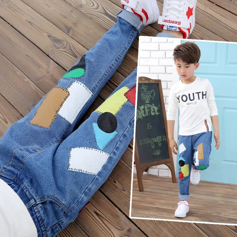 Новинка 2017 года сезон весна осень детские джинсы с геометрическим рисунком для