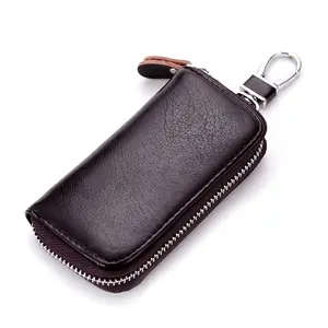Auony Unisex Genuine Leather Key Case Wallet Pouch Bag Keychain Holder with Key Ring & Zipper (Black)