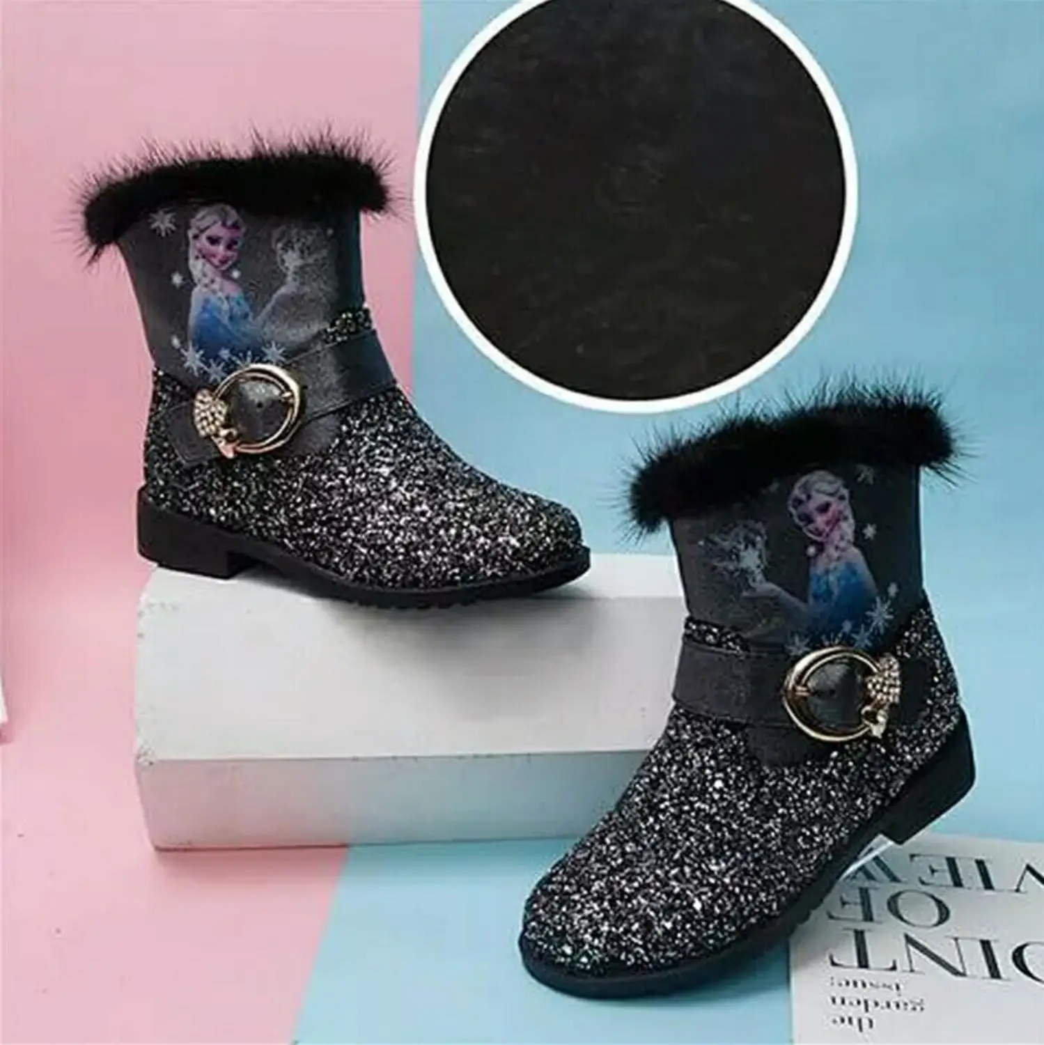 Disney/Детские хлопковые ботинки принцессы на высоком каблуке для девочек Теплые