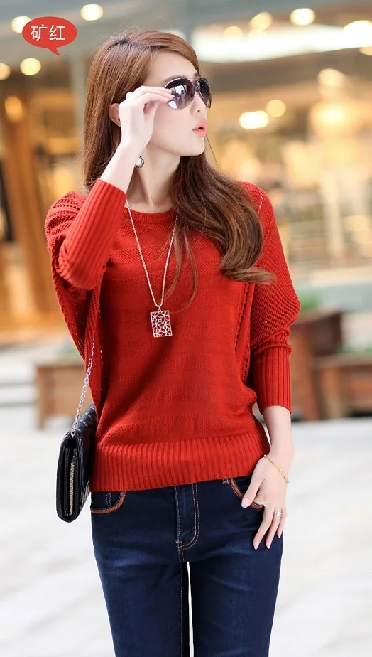 Spring Cutout Loose Plus Size Outerwear Solid Color Bat Sweater Female sweaters bat sleeve women fashion pullovers | Женская одежда