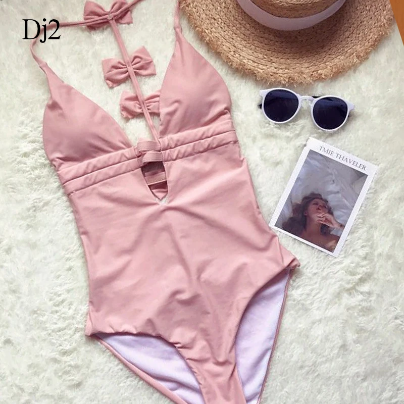 2018 Новое поступление розовый цвет Цельный купальник с открытой спиной бандаж