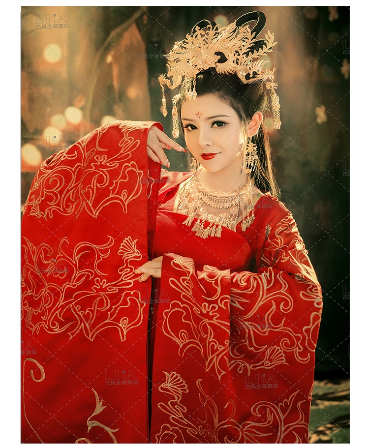 Movie The Banquet Actress Ziyi Zhang Golden Red Gorgeous Embroidery Phoenix Hanfu Long Tail Bride Wedding Costume Empress Hanfu
