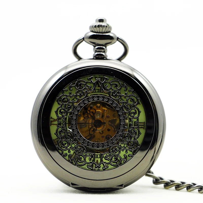 Black Mesh Relief Skeleton Mechanical Pocket Watch Retro Steampunk Gentleman Style Men's and Women's Necklaces Pendant Clock