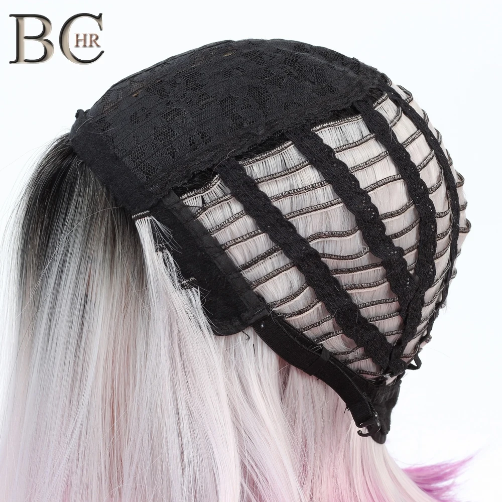 

BCHR Short Bob Synthetic Wigs For Women Dark Roots Ombre White Pink Grey Color Middle Part Cosplay Wig