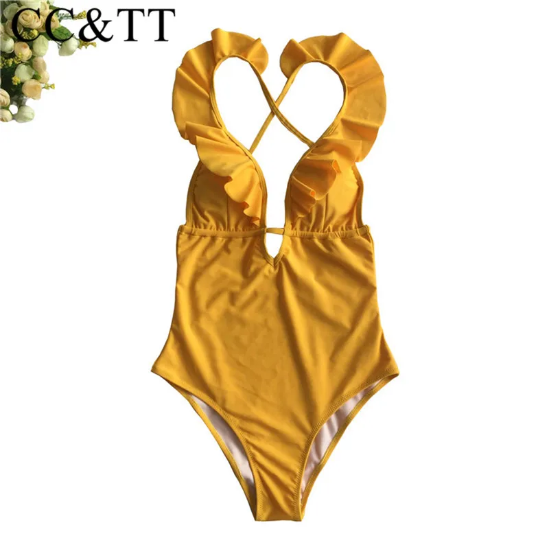 CC & TT женский сплошной купальник с оборками Цельный глубоким v образным вырезом