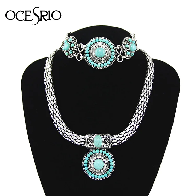 OCESRIO синий цвет камень винтажные наборы ювелирных изделий Серебро крупное