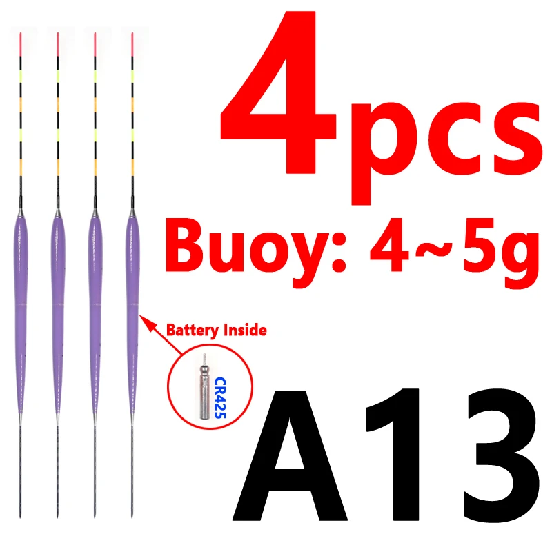 4pcs float A13 4 шт. электронный поплавок для ловли карпа, светящийся поплавок для ночной рыбалки, поплавок для рыбы CR425, аккумулятор/дополнительно перезаряжаемый - Цвет: 4pcs float A13