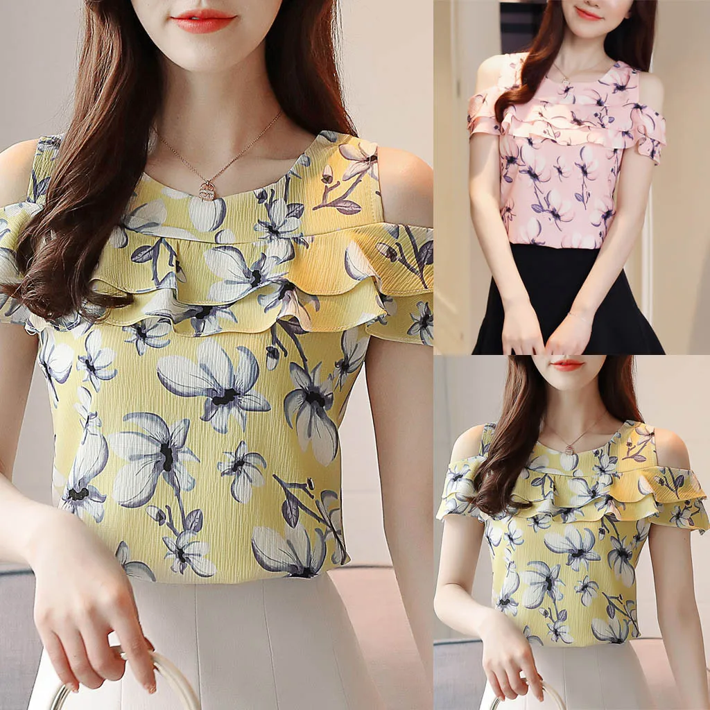 Женский свободный топ с коротким рукавом и принтом открытыми плечами летний