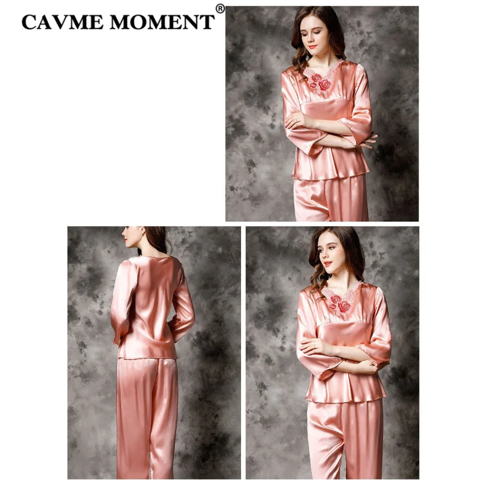 CAVME 2019 Luxury Plus Size Silk Pajama Sets for Women Ladies Payama Set Solid Color V-Neck 2 Pieces Homewear Sleepwear
