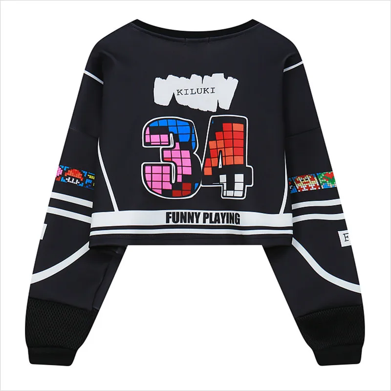 Для женщин Осень Толстовка моды Корейский игровой Box Цифровой укороченный Топы