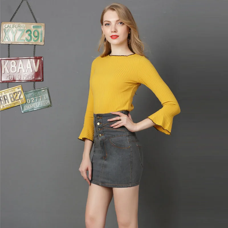 2018 Новая Осенняя Джинсовые юбки спереди Набор пуговиц юбка Для женщин зауженные