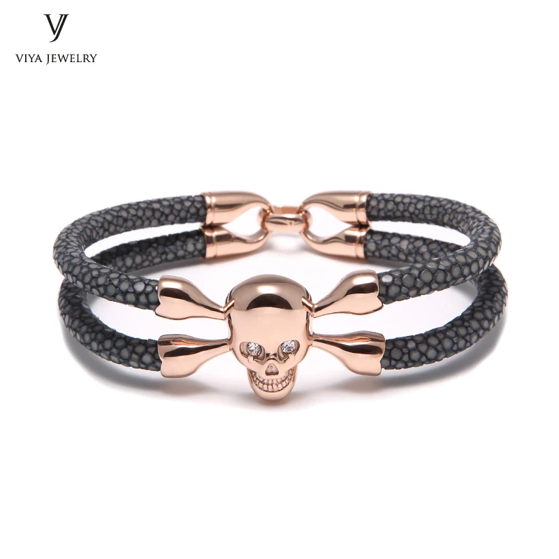 Мужской браслет из натуральной кожи с черным черепом|bracelets for|stingray braceletbracelet with |