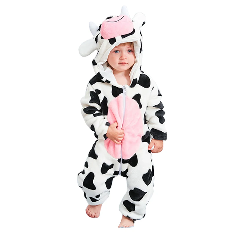 Cow Детские комбинезоны с рисунком панды; Одежда для новорожденных; комбинезон для мальчиков и девочек; фланелевые зимние пижамы с животными; Bebes; комбинезон для малышей - Цвет: Cow