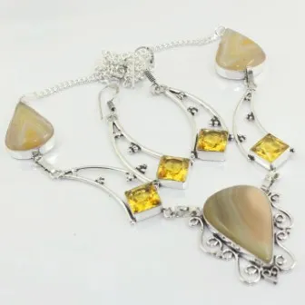 

Botswana Aagte & Citrines Necklace Earing Silver Overlay over Copper , 52.5 cm, N3489