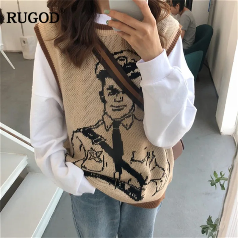

Женский трикотажный жилет RUGOD, Повседневный свитер без рукавов с круглым вырезом в стиле Харадзюку, уличная одежда, универсальная жилетка ...