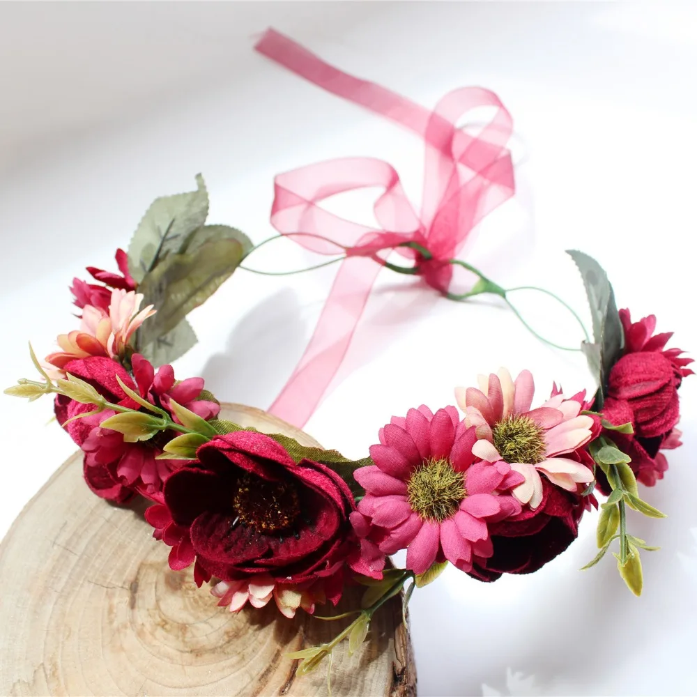 Women's delicate flower wreath festival Headband crown Red faux sunflower Prom |