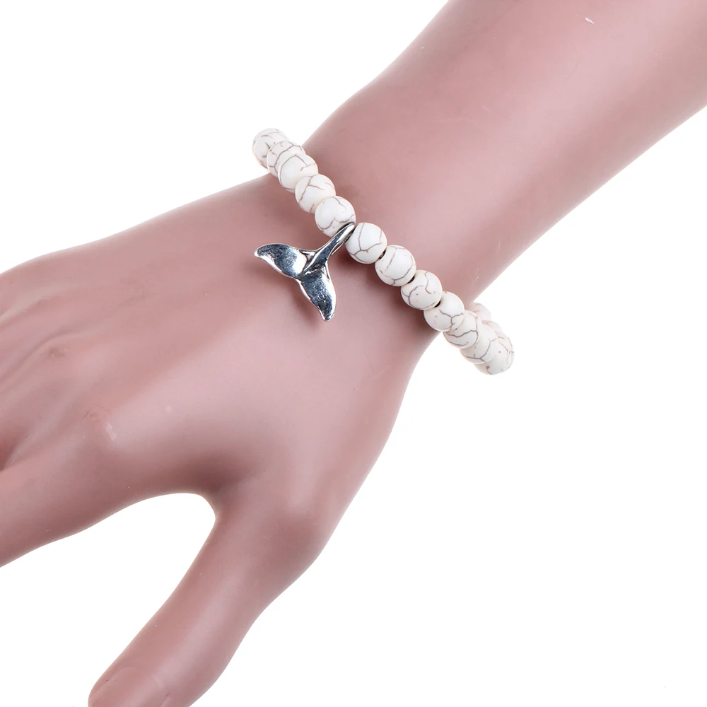 Натуральный белый Камни Браслеты круглый Бусины Silver-цвет рыбий хвост кулон Bohe