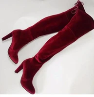 winter newest royal blue velvet thigh high boots women round toe high heel boots over the knee boots wine red 35 42
