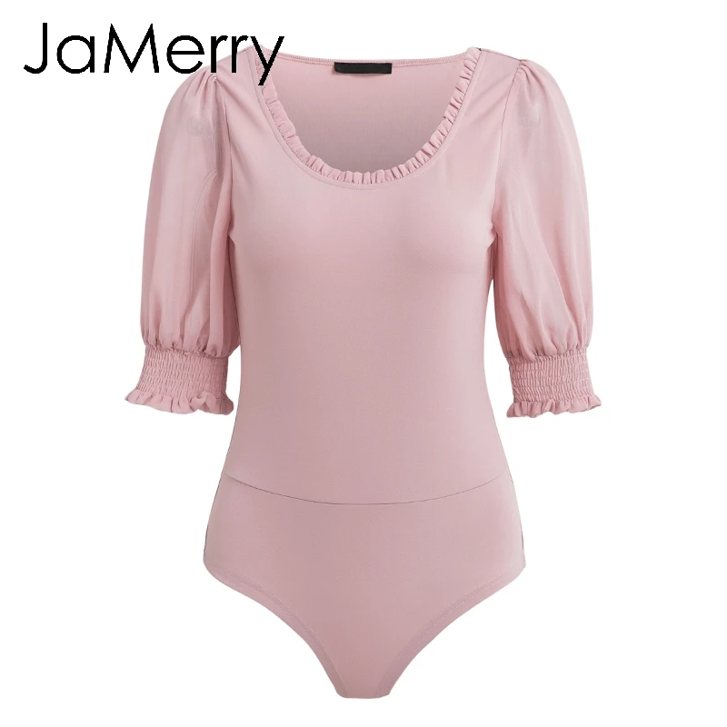 JaMerry винтажные сексуальные однотонные розовые черные Боди женские летние боди с пышными рукавами элегантные облегающие Женские вечерние повседневные Комбинезоны